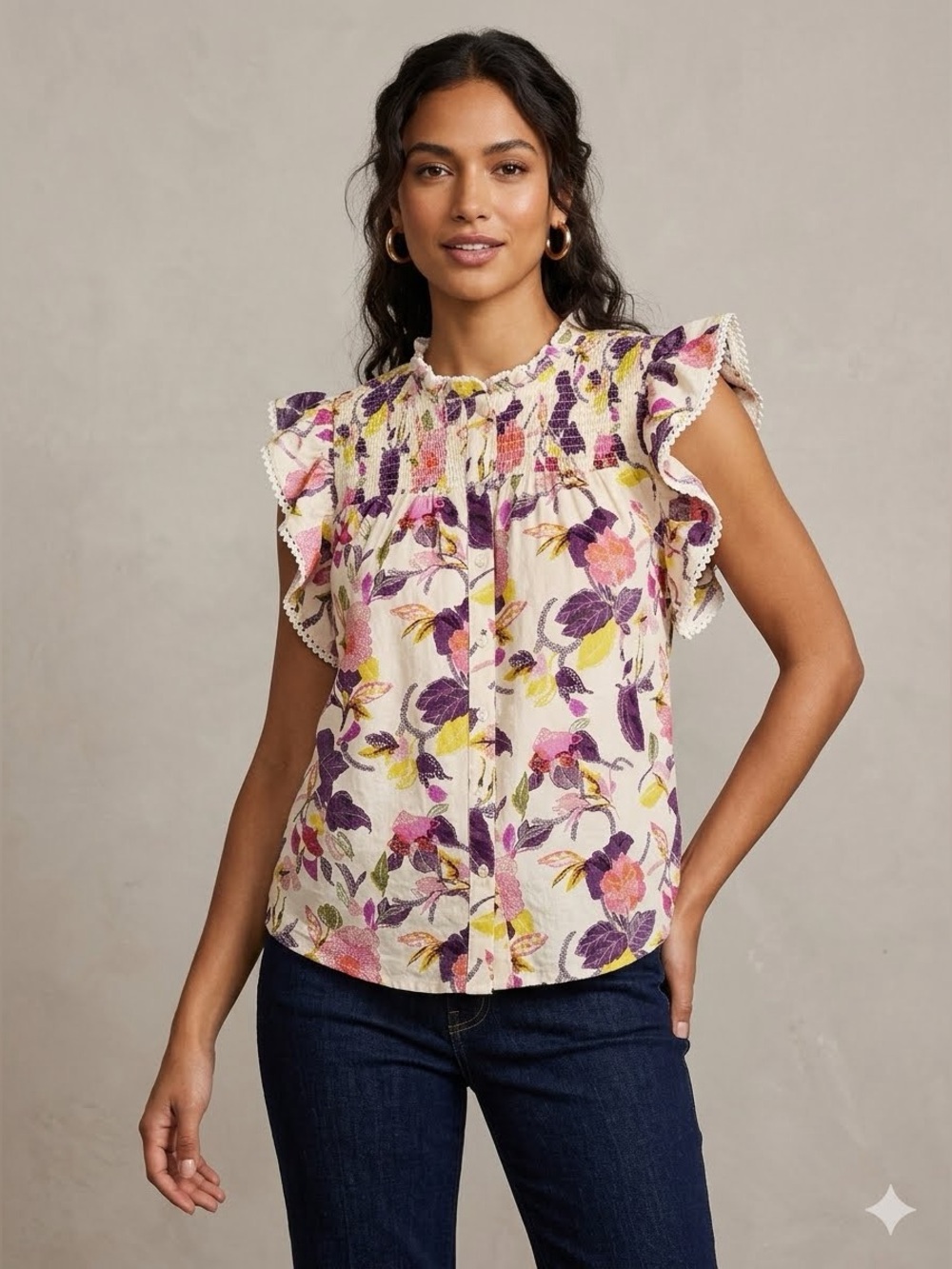 Treasure & Bond Floral Smocked Ruffle Blouse Size S Linen Blend Boho Top